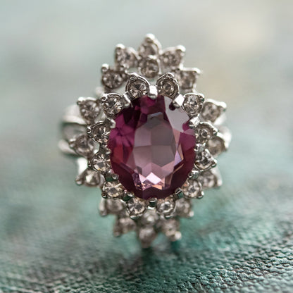 Vintage Amethyst and Clear Austrian Crystal 18k White Gold Electroplated Cocktail Ring - Made in USA jewelry image 1