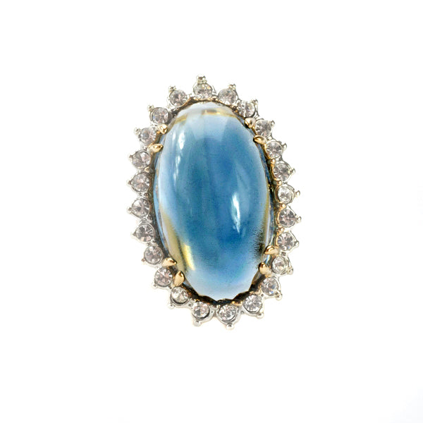 Vintage Ring Sapphire Crystal Surrounded by Clear Crystals Cocktail Ring 18kt Antiqued Yellow Gold Electroplated Made in the USA