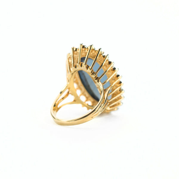 Vintage Ring Sapphire Crystal Surrounded by Clear Crystals Cocktail Ring 18kt Antiqued Yellow Gold Electroplated Made in the USA