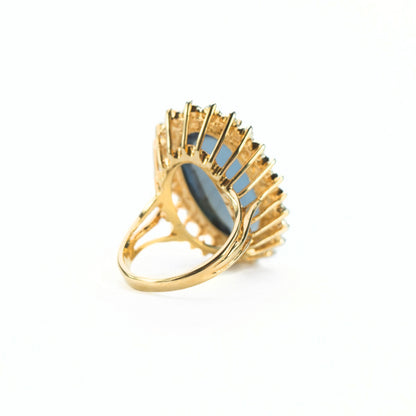 Vintage Ring Sapphire Crystal Surrounded by Clear Crystals Cocktail Ring 18kt Antiqued Yellow Gold Electroplated Made in the USA