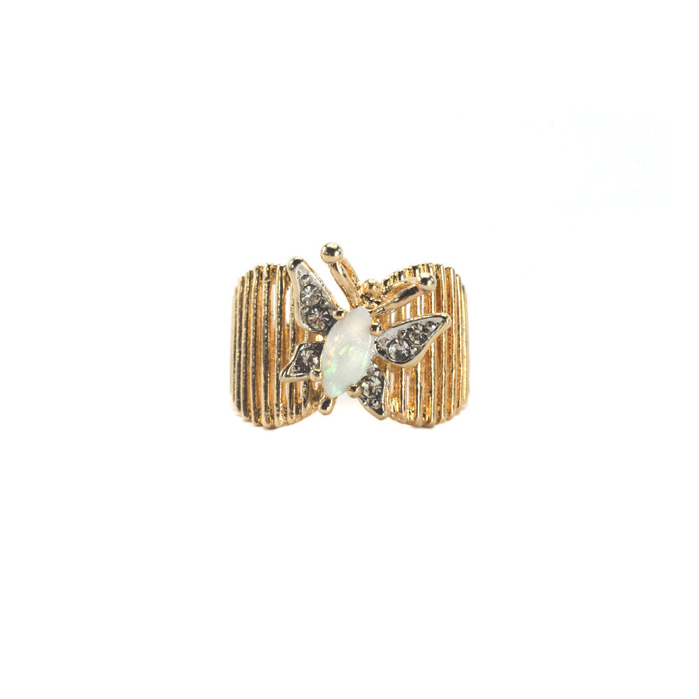 Vintage 1980s Butterfly Ring with Pinfire Opal and Clear Austrian Crystals – 18kt Yellow Gold Electroplated jewelry image 1