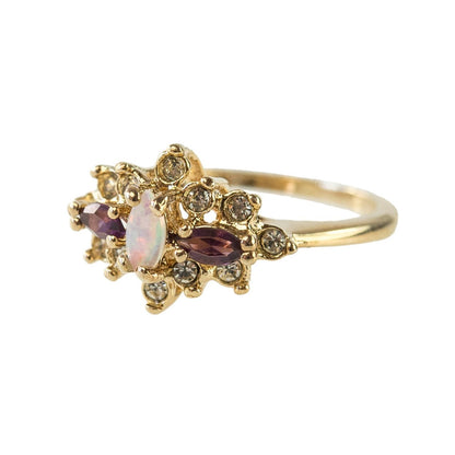 Vintage Victorian Style Genuine Opal and Amethyst Crystal Cluster Ring - 18k Yellow Gold Electroplated - Made in USA jewelry image 1