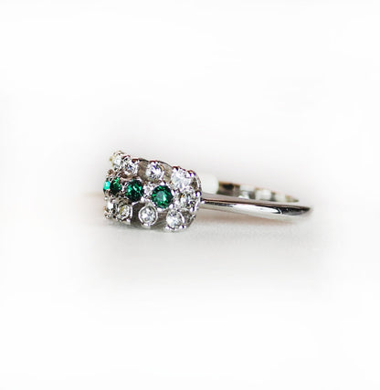 Vintage Ring Emerald or Sapphire and Clear Austrian Crystals 18k Gold Electroplated Cluster Made in USA