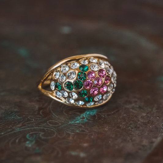 Vintage Ring Flower Ring Swarovski Crystals 18k Gold Antique Womans Jewelry #R719