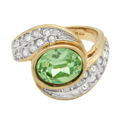 Vintage Ring 1980's Peridot Crystal Ring with Clear Crystals 18k Gold  R2444