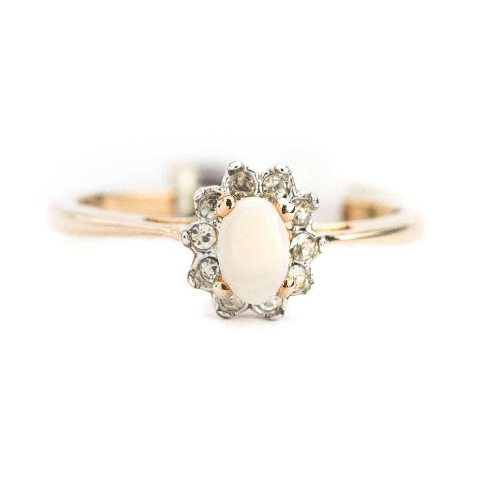 Vintage 1980s Genuine Opal Ring with Clear Austrian Crystals – 18kt Yellow Gold Electroplated – Made in USA jewelry image 1
