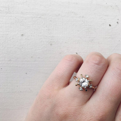 Vintage Cubic Zirconia and Austrian Crystal 18k Gold Electroplated Engagement Ring Made in USA Size: 5