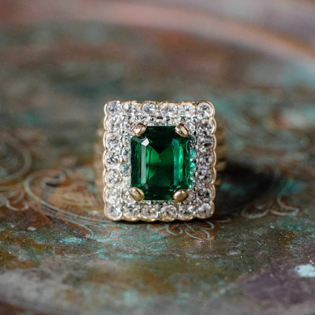 Vintage Emerald and Clear Austrian Crystal Cocktail Ring - 18k Yellow Gold Electroplated - Made in USA jewelry image 1
