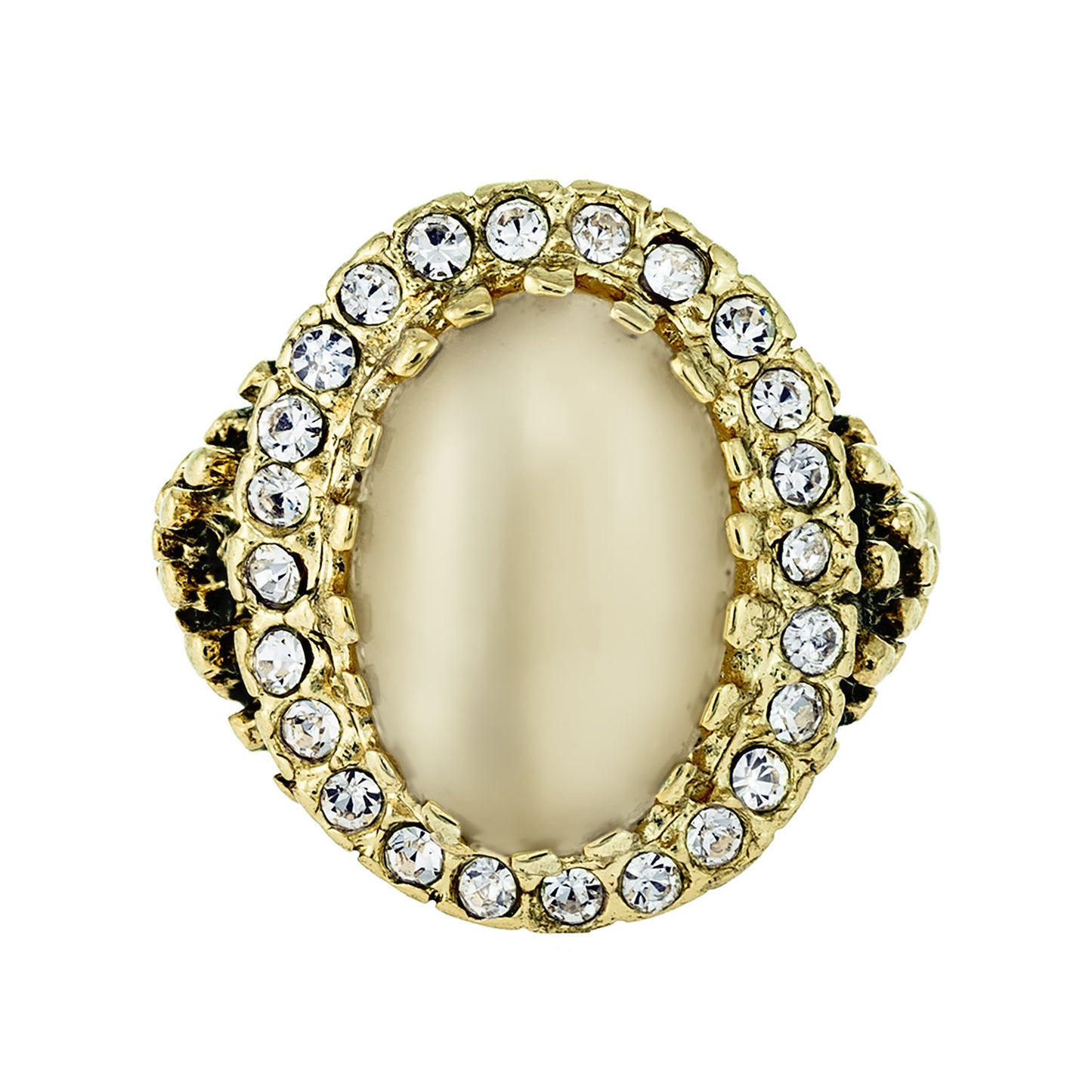 Vintage Genuine Beige Moonstone and Clear Crystal Ring – Edwardian Style 18k Gold Electroplated jewelry image 1