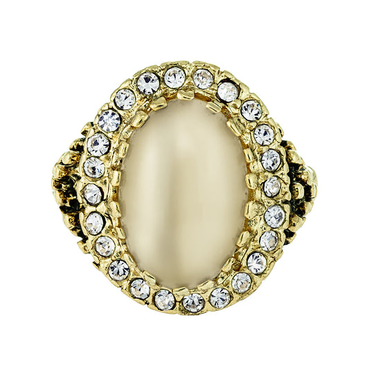 Vintage Genuine Beige Moonstone and Clear Crystal Ring – Edwardian Style 18k Gold Electroplated jewelry image 1
