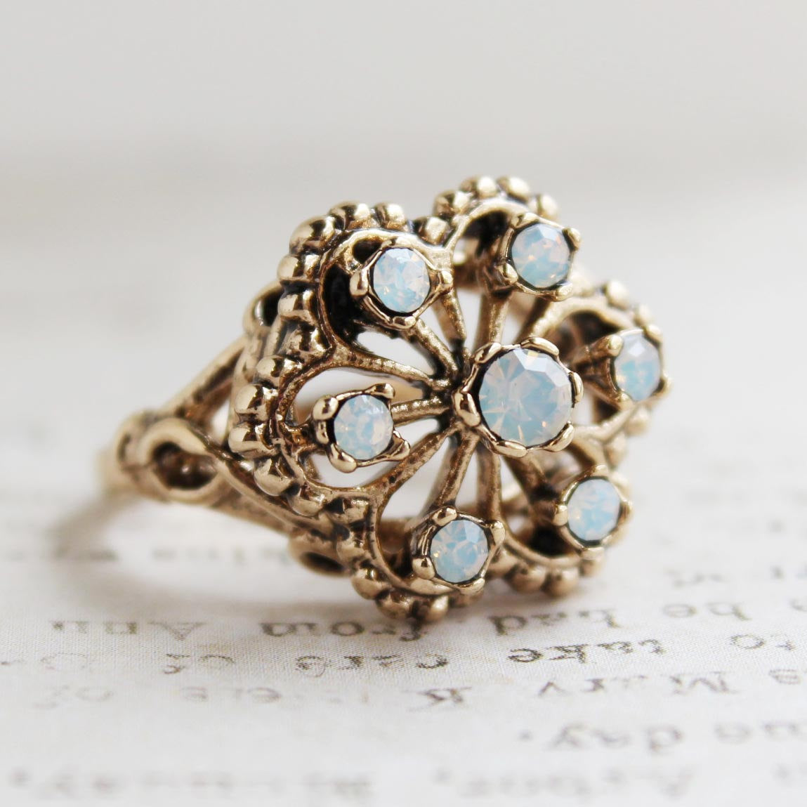 Vintage 1970s Filigree Ring with Pinfire Opals - 18k Gold Electroplated - Made in USA jewelry image 1