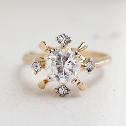 Vintage Cubic Zirconia and Austrian Crystal 18k Gold Electroplated Engagement Ring Made in USA Size: 5