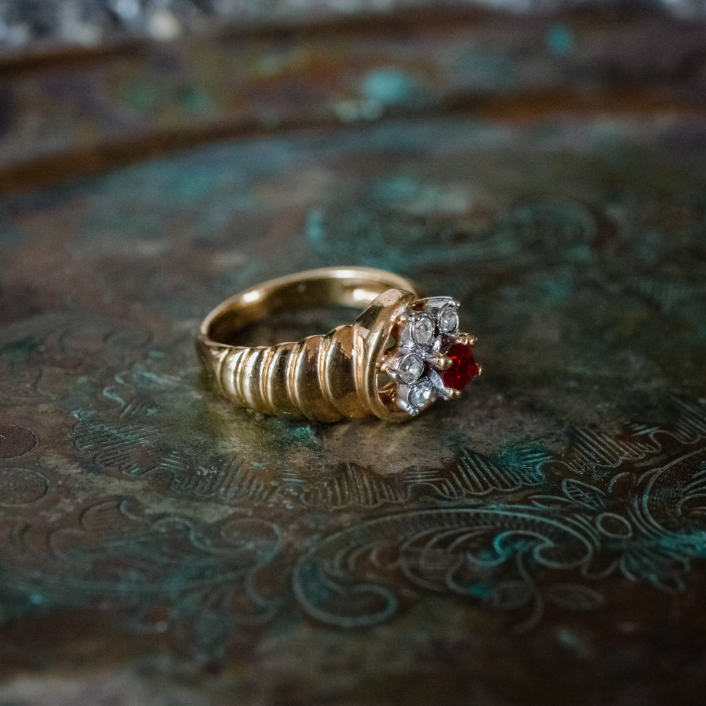 Vintage Ring 1980's Ring Sapphire and Clear Swarovski Crystal 18k Gold Antique Womans Jewelry R2704