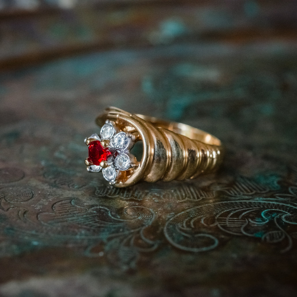 Vintage Ring 1980's Ring Sapphire and Clear Swarovski Crystal 18k Gold Antique Womans Jewelry R2704