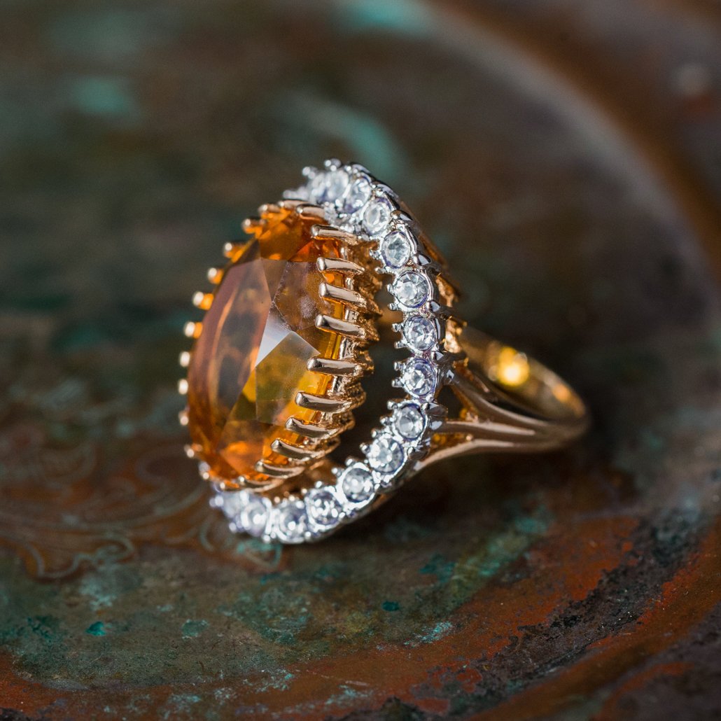 Vintage Light Topaz Austrian Crystal Cocktail Ring - 18k Gold Electroplated Statement Ring Made in USA jewelry image 1