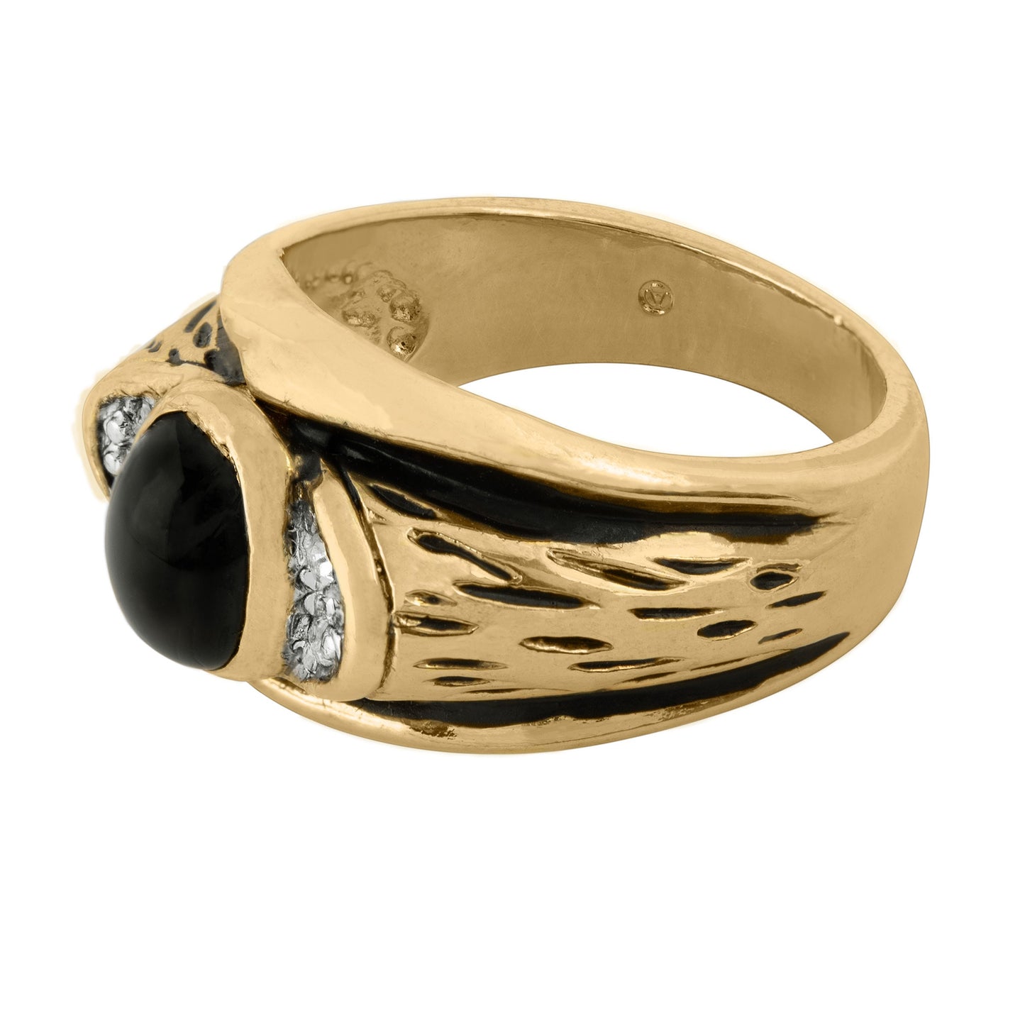 Vintage Ring 1980s Mens Onyx and Austrian Crystal 18kt Gold Plated Antique Ring #R6001