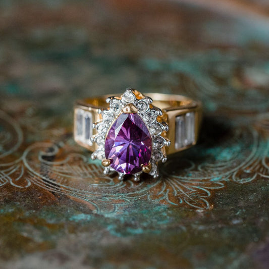 Vintage Ring Amethyst Cubic Zirconia and Clear Swarovski Crystals 18kt Gold  #R3149 Size: 7
