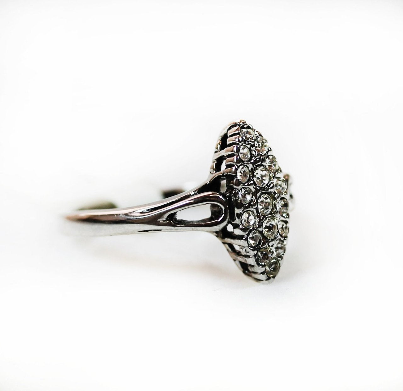 Vintage Pave Ring with Clear Austrian Crystals Antiqued 18kt White gold Electroplated Made in USA