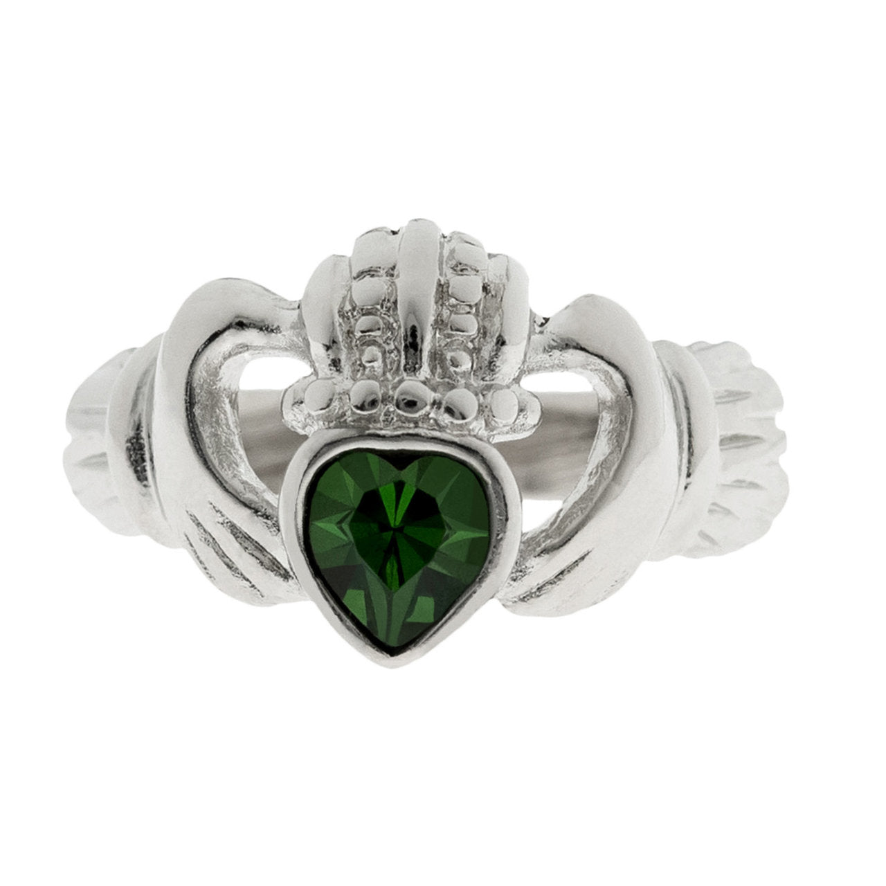 Vintage 1980s Green Tourmaline Austrian Crystal Claddagh Ring - 18k White Gold Electroplated jewelry image 1