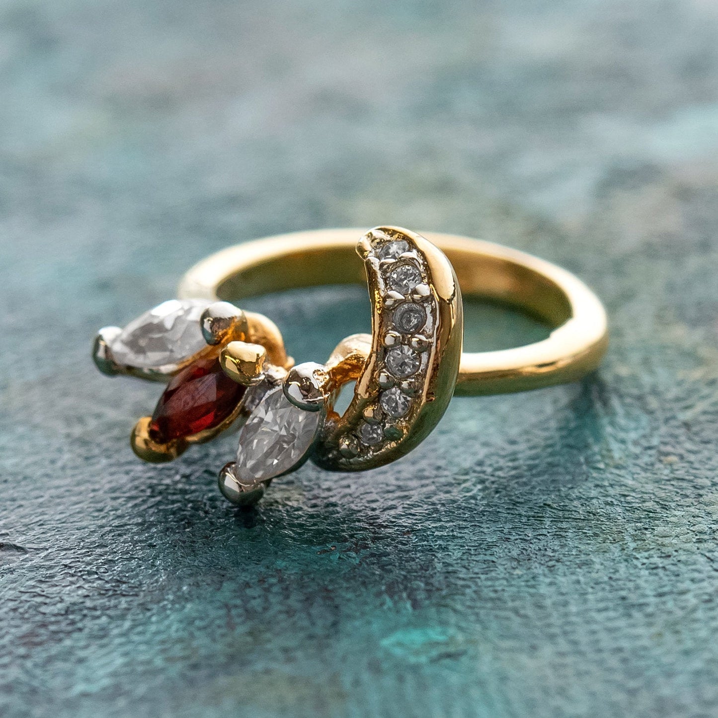 Vintage Ring Genuine Garnet and Clear Austrian Crystal 18kt Yellow Gold Electroplated Made in USA Size: 6