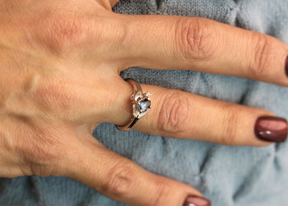 Vintage Ring Sapphire & Clear Austrian Crystals 18k White Gold Electroplated September Birthstone