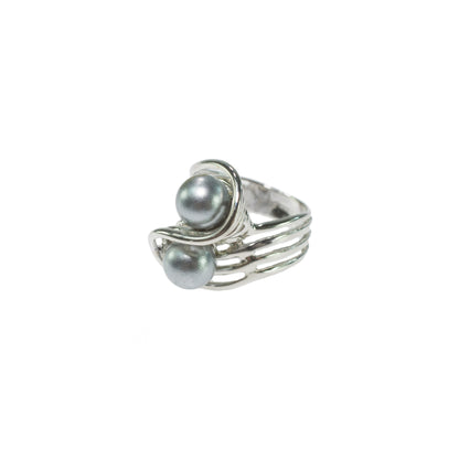 Vintage 1970s Gray Glass Pearl Bypass Ring - 18k White Gold Electroplated - Made in USA jewelry image 1