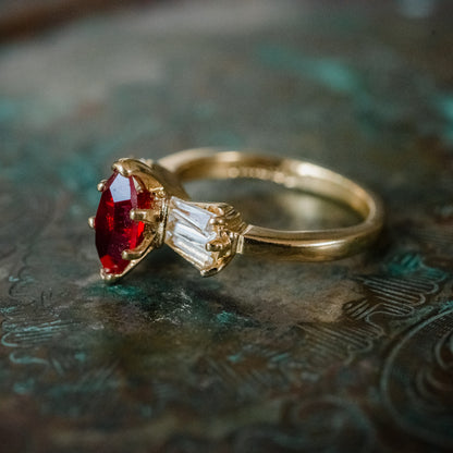 Vintage 1980's 18k Yellow Gold Plated Ruby Austrian Crystal Ring Made in USA