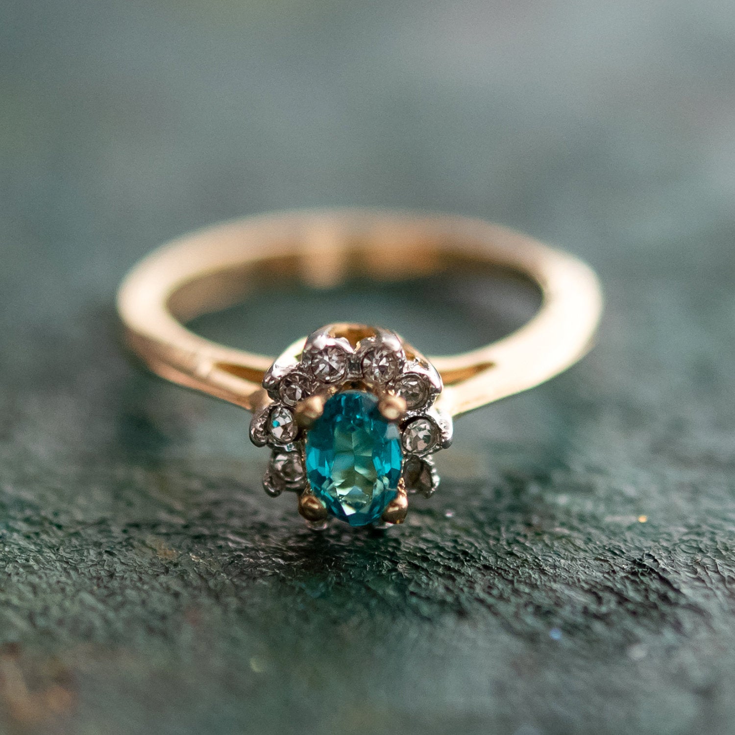 Vintage 1980s Blue Zircon and Clear Austrian Crystal Ring - 18kt Yellow Gold Electroplated - Made in USA jewelry image 1