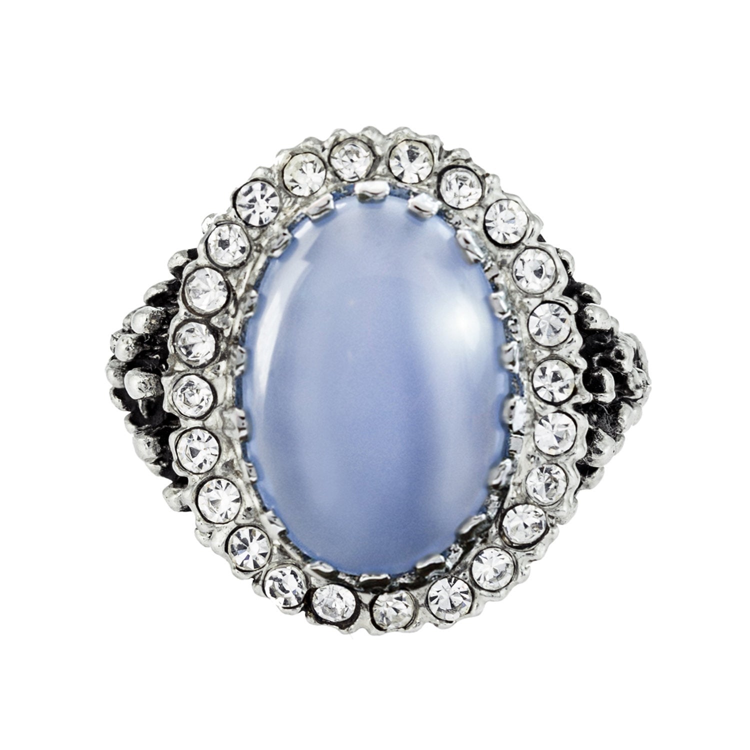 Vintage Genuine Blue Moonstone and Clear Crystal Edwardian Style Ring – 18k White Gold Electroplated jewelry image 1