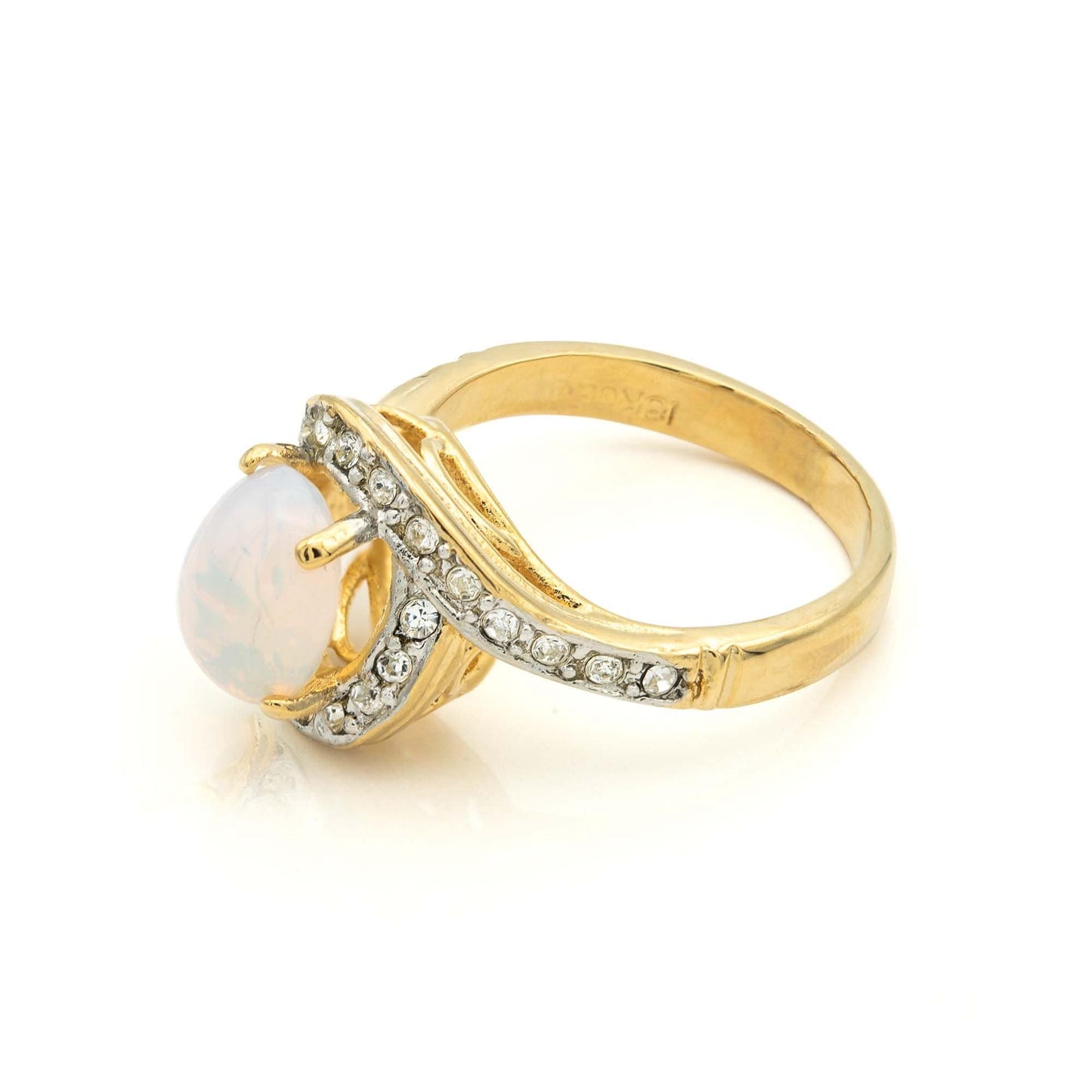 Vintage Ring 1980's Jelly Opal Ring with Clear Swarovski Crystals 18k Gold Womens Jewelry R9011 SIZE 6