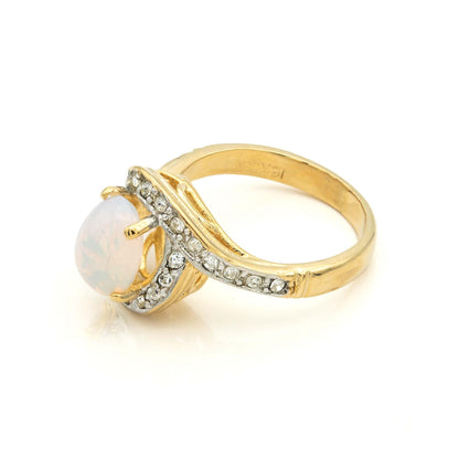 Vintage Ring 1980's Jelly Opal Ring with Clear Swarovski Crystals 18k Gold Womens Jewelry R9011 SIZE 6