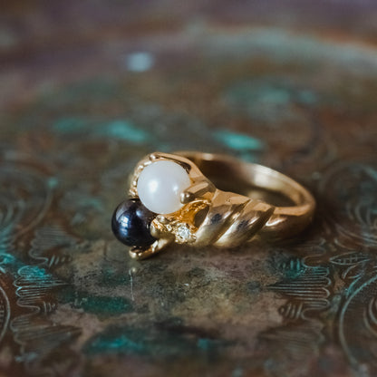 Vintage Ring Black and White Pearl with Crystal Ring 18k Gold Antique Womans Jewlery Handmade Size Rings R3326