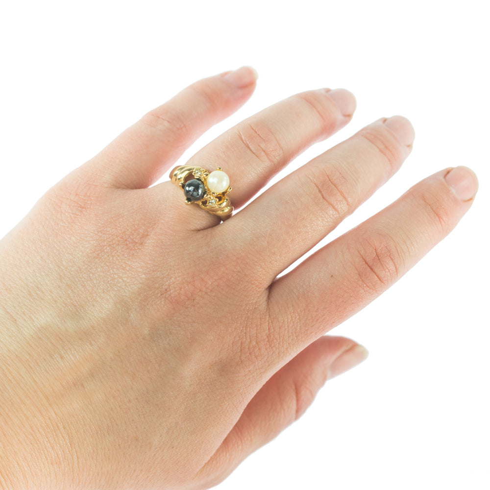 Vintage Ring Black and White Pearl with Crystal Ring 18k Gold Antique Womans Jewlery Handmade Size Rings R3326