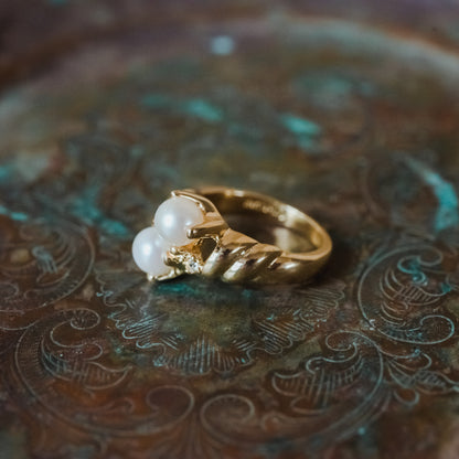 Vintage Ring Black and White Pearl with Crystal Ring 18k Gold Antique Womans Jewlery Handmade Size Rings R3326