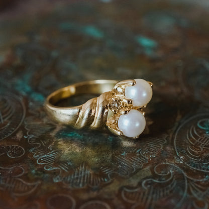 Vintage Ring Black and White Pearl with Crystal Ring 18k Gold Antique Womans Jewlery Handmade Size Rings R3326
