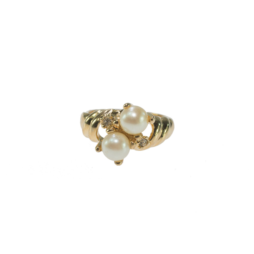 Vintage Ring Black and White Pearl with Crystal Ring 18k Gold Antique Womans Jewlery Handmade Size Rings R3326
