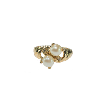Vintage Ring Black and White Pearl with Crystal Ring 18k Gold Antique Womans Jewlery Handmade Size Rings R3326