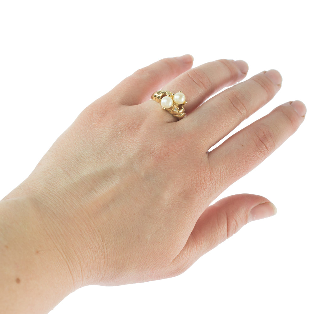 Vintage Ring Black and White Pearl with Crystal Ring 18k Gold Antique Womans Jewlery Handmade Size Rings R3326