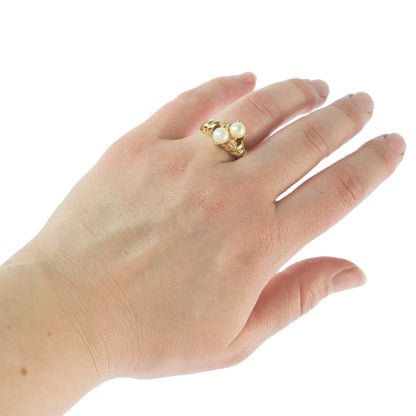 Vintage Ring Black and White Pearl with Crystal Ring 18k Gold Antique Womans Jewlery Handmade Size Rings R3326