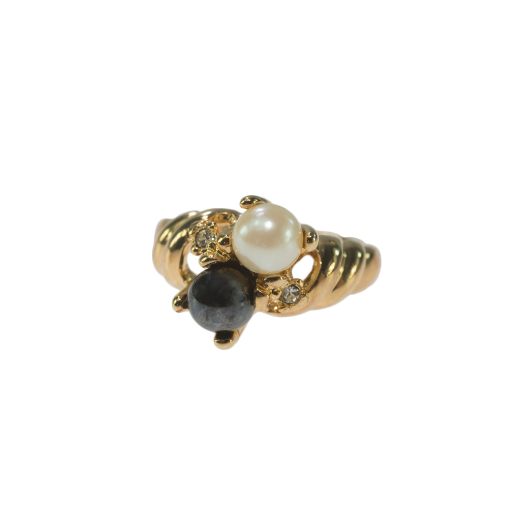 Vintage Ring Black and White Pearl with Crystal Ring 18k Gold Antique Womans Jewlery Handmade Size Rings R3326