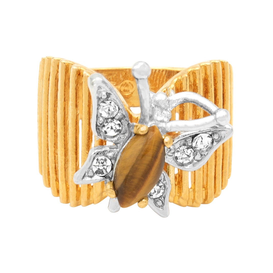 Vintage Butterfly Ring Genuine Coral and Clear Austrian Crystals 18kt Yellow Gold Electroplated