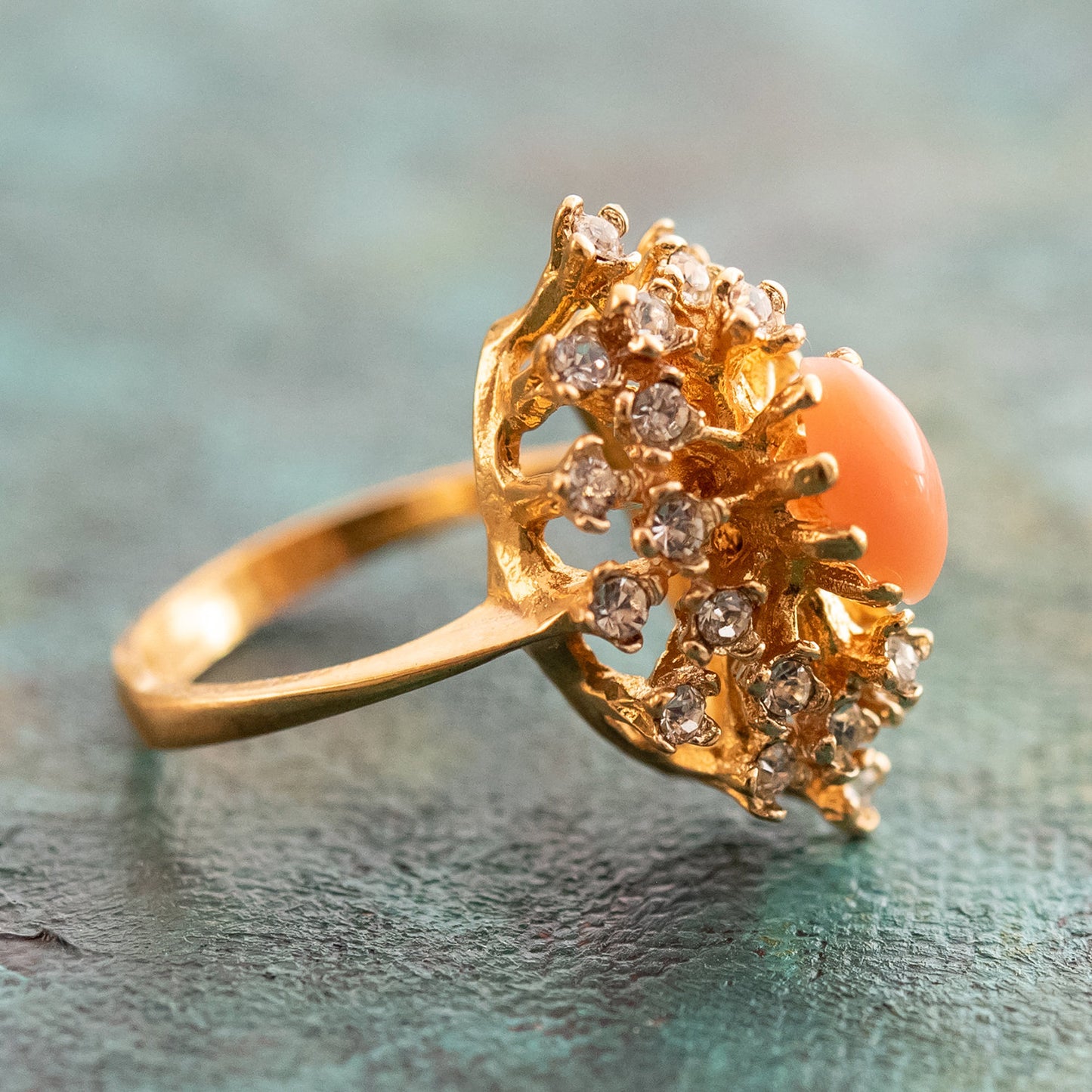 Vintage Ring Genuine Opal with Clear and Ruby Austrian Crystals 18kt Yellow Gold Electroplated