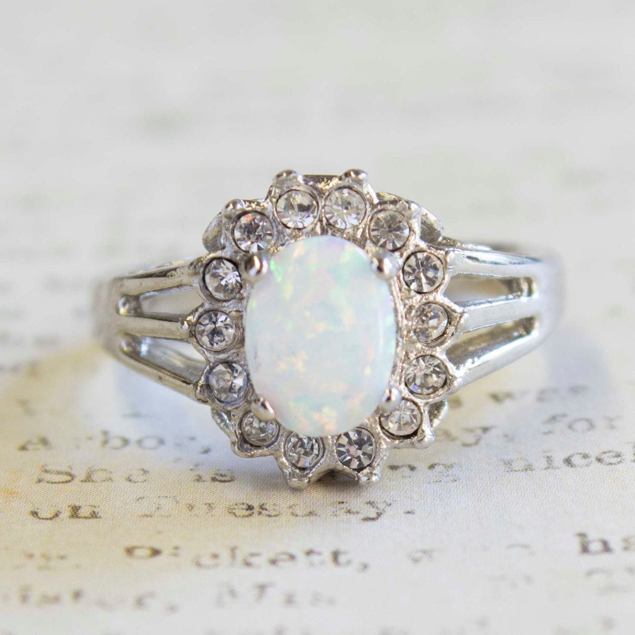 Vintage 1970s Faux Capris Opal and Austrian Crystal 18k White Gold Electroplated Halo Ring jewelry image 1
