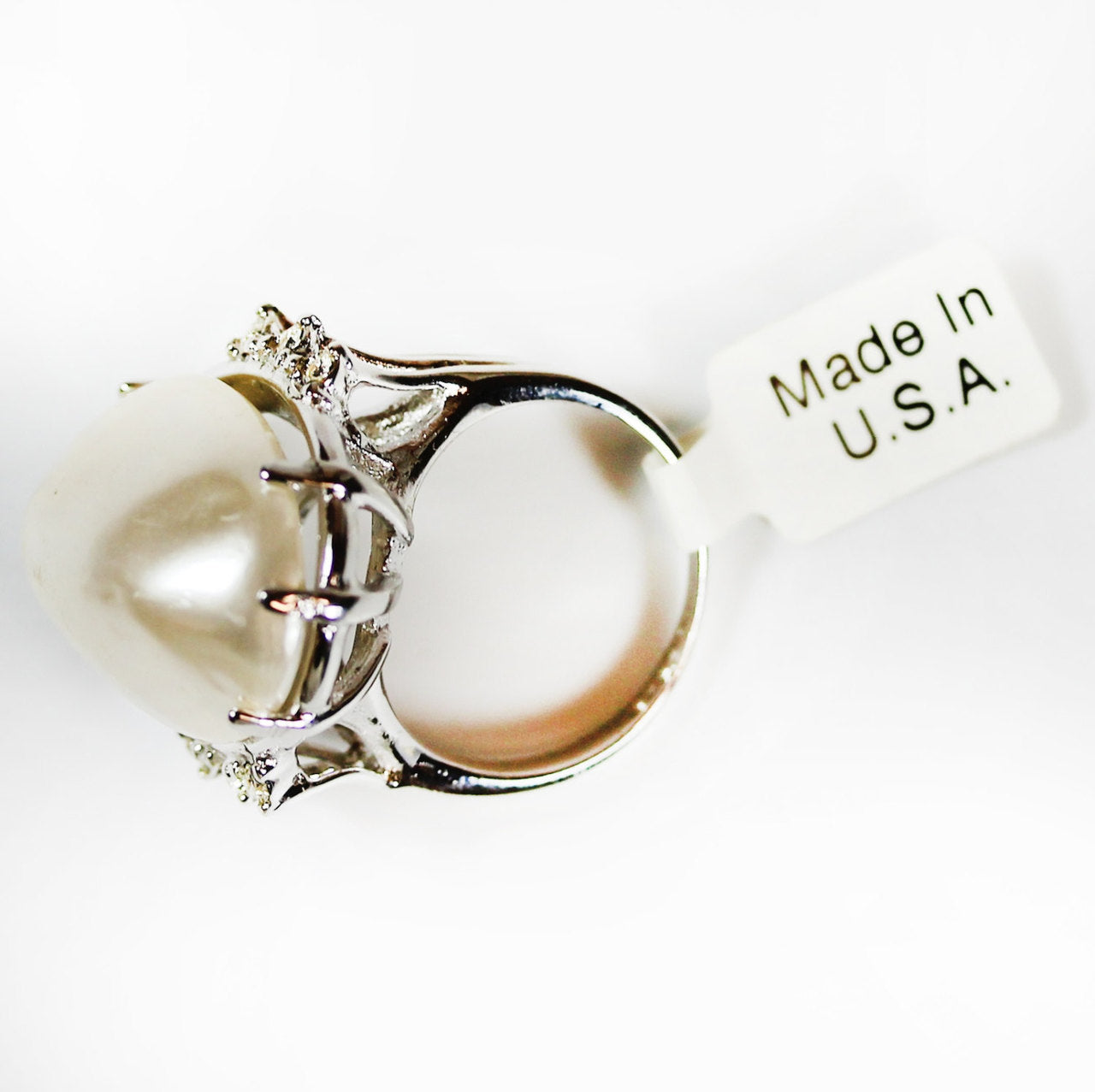 Vintage Ring 1970s Mabe Pearl 18k White Gold Silver Clear Swarovski Crystals Cocktail Ring Antique Jewelry for Women #R1910 Size: 9