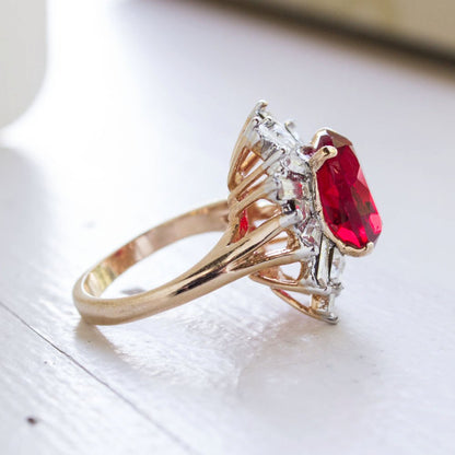 Vintage Austrian Crystal 18k Yellow Gold Electroplated Womens Antique Cocktail Ring Made in USA