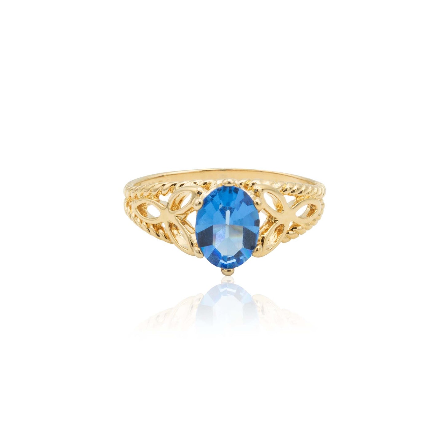 Vintage 1970s Blue Sapphire Crystal Filigree Cocktail Ring - 18k Gold Electroplated jewelry image 1