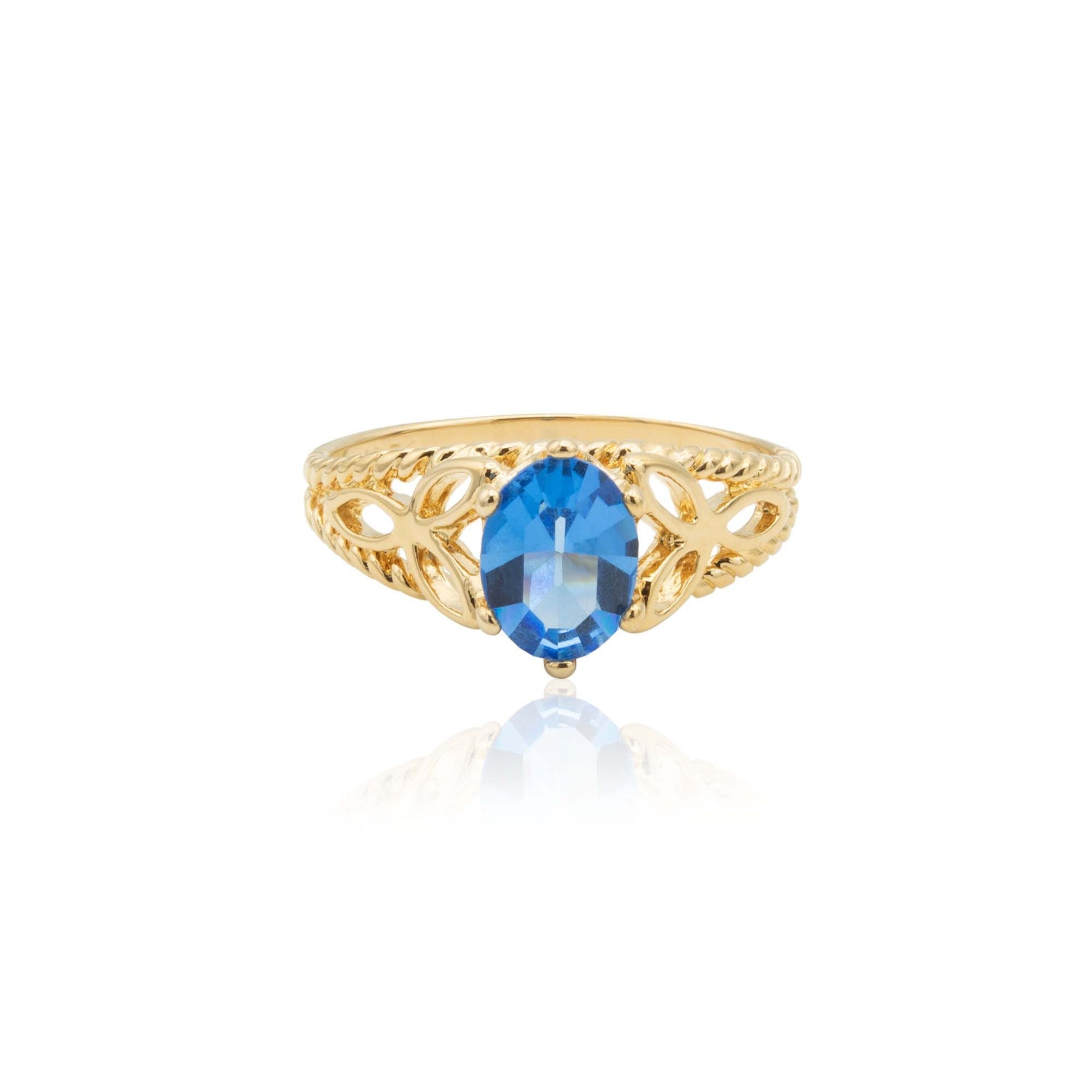 Vintage 1970s Blue Sapphire Crystal Filigree Cocktail Ring - 18k Gold Electroplated jewelry image 1