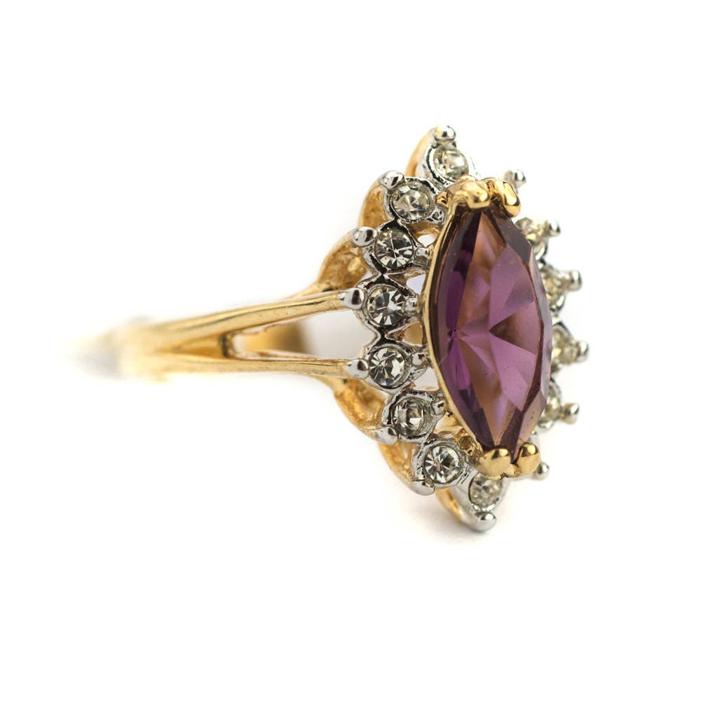Vintage Amethyst and Clear Swarovski Crystals 18k Yellow Gold Plated February Birthstone Made in USA #R1891