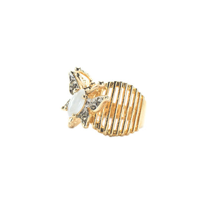 Vintage Butterfly Ring Genuine Coral and Clear Austrian Crystals 18kt Yellow Gold Electroplated