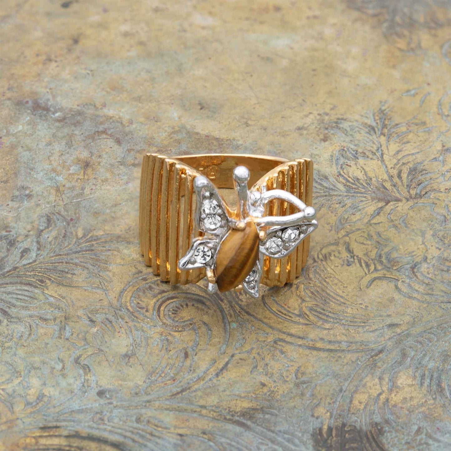 Vintage Butterfly Ring Genuine Coral and Clear Austrian Crystals 18kt Yellow Gold Electroplated